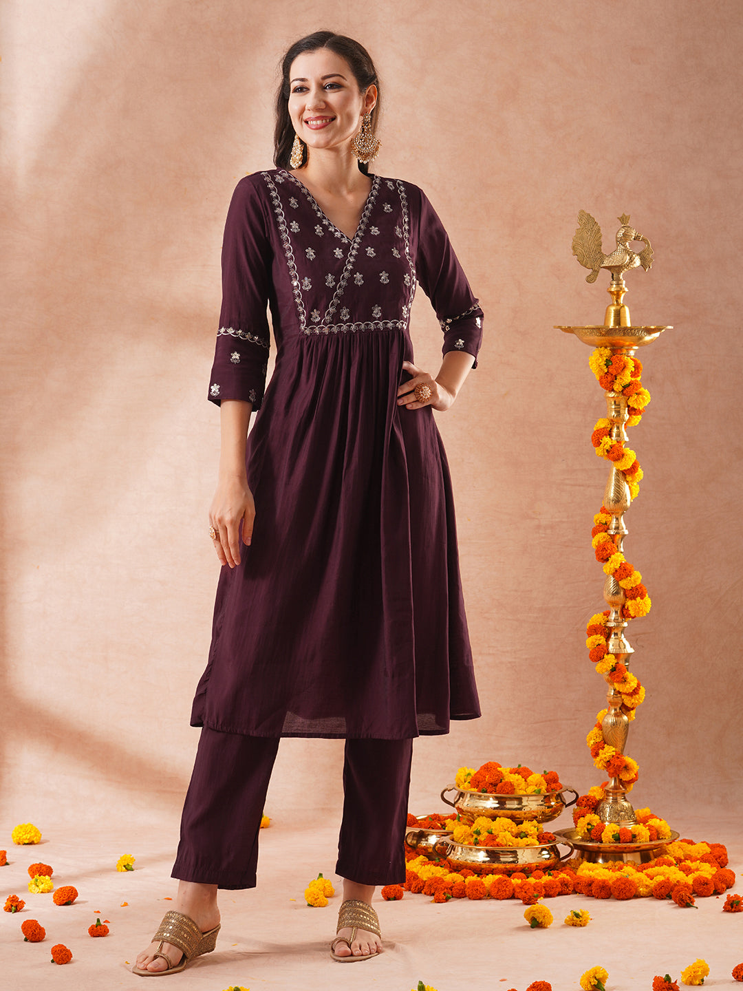 Solid Sequin Zari Embroidered A-Line Pleated Co-ord Set - Burgundy