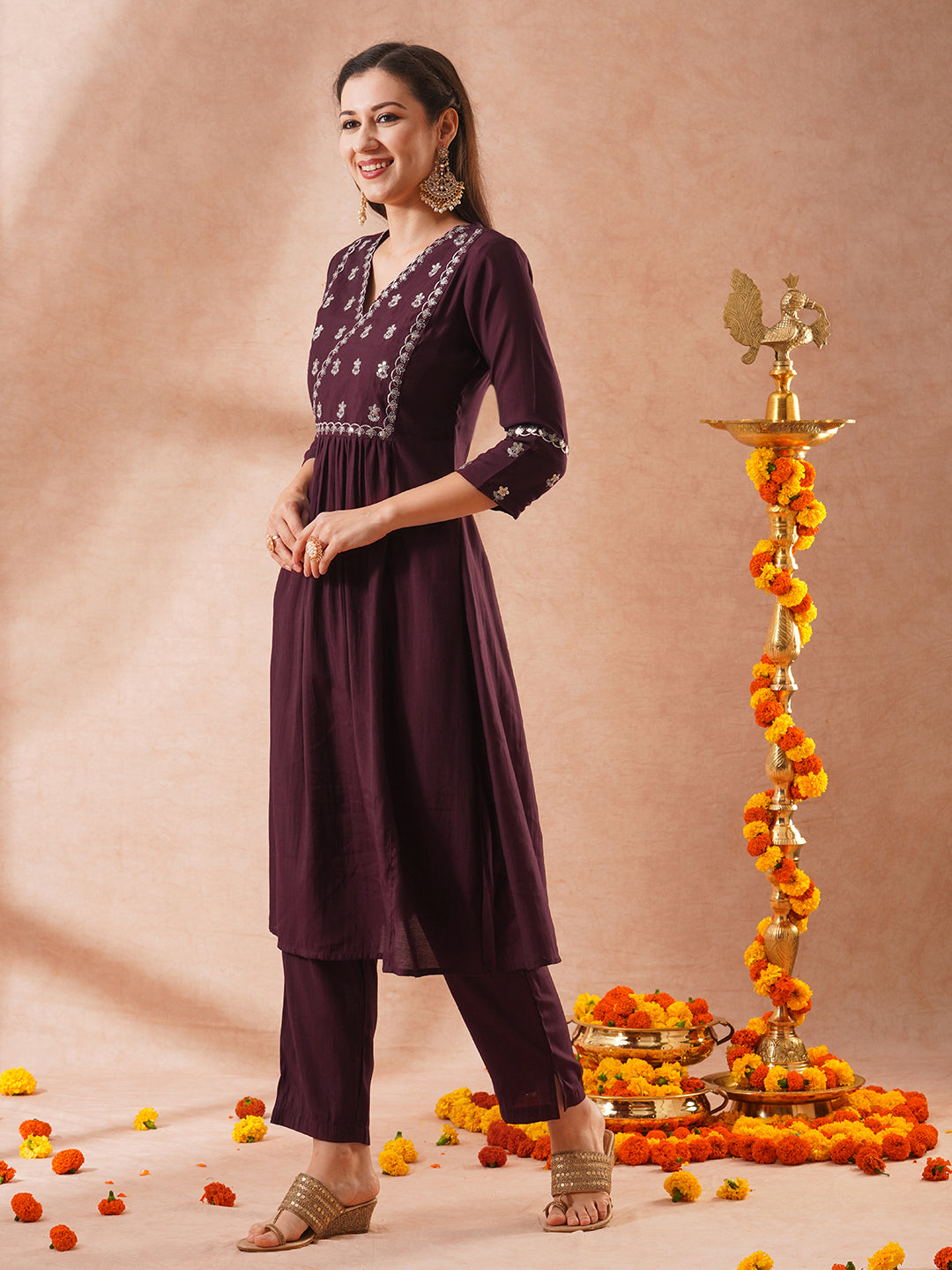 Solid Sequin Zari Embroidered A-Line Pleated Co-ord Set - Burgundy