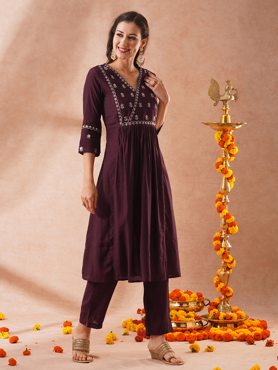 Solid Sequin Zari Embroidered A-Line Pleated Co-ord Set - Burgundy