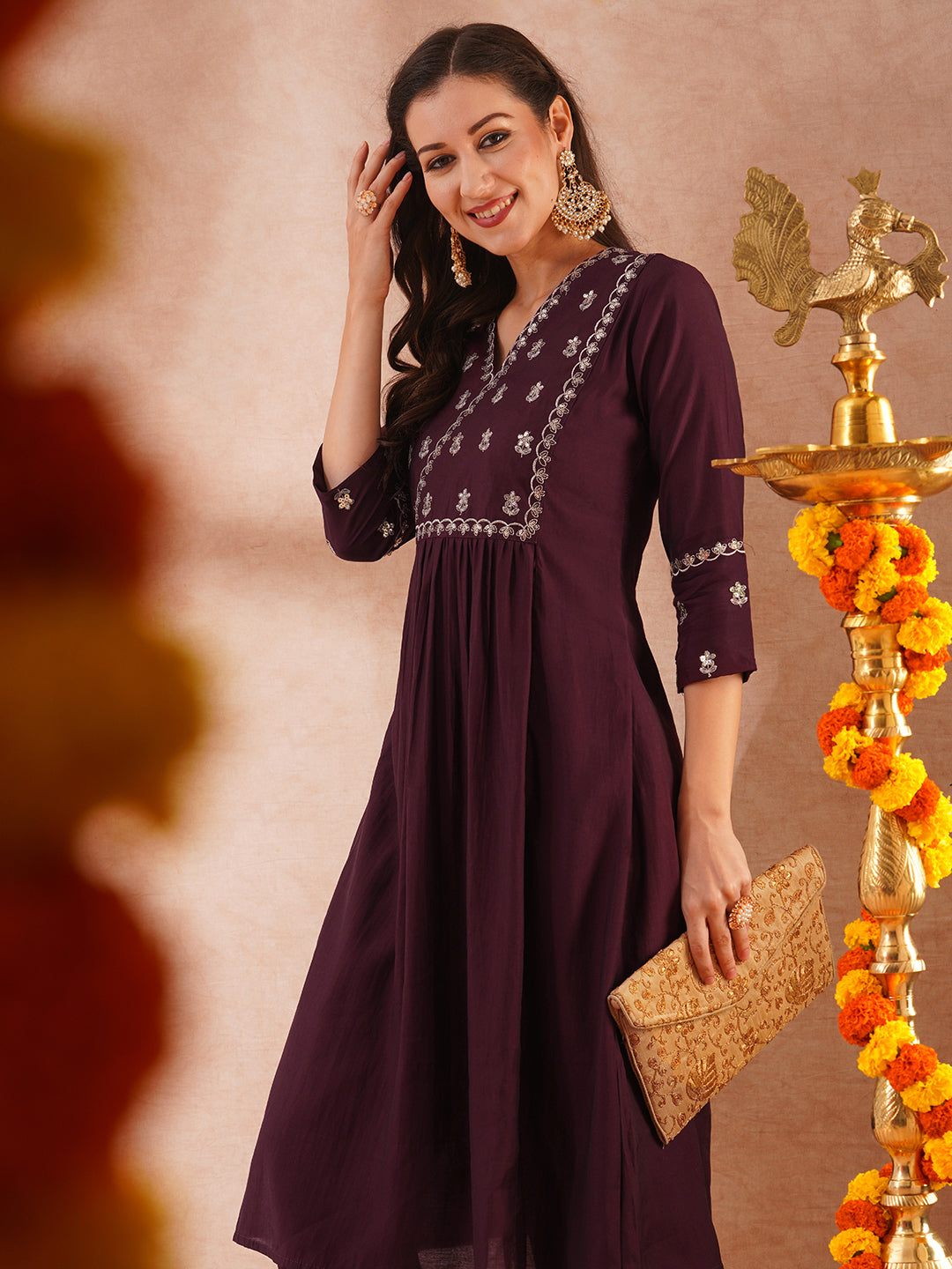 Solid Sequin Zari Embroidered A-Line Pleated Co-ord Set - Burgundy