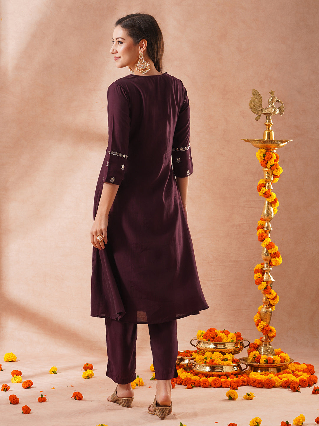Solid Sequin Zari Embroidered A-Line Pleated Co-ord Set - Burgundy
