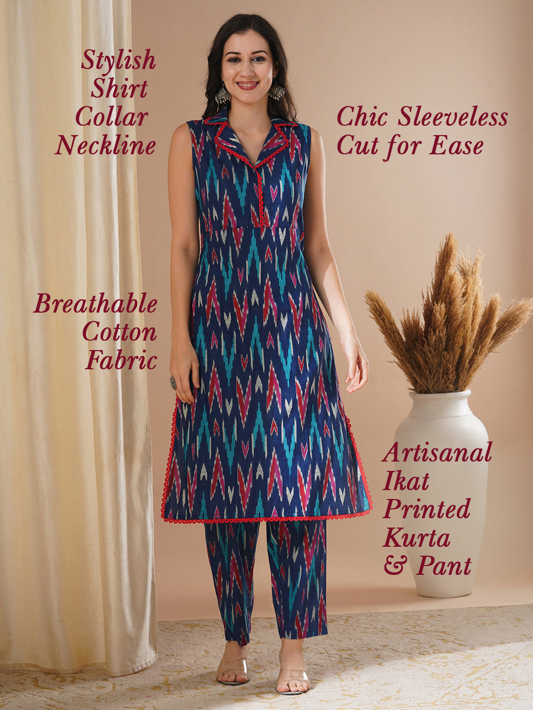 Ethnic Ikat Printed Straight Fit Co-ord Set - Blue