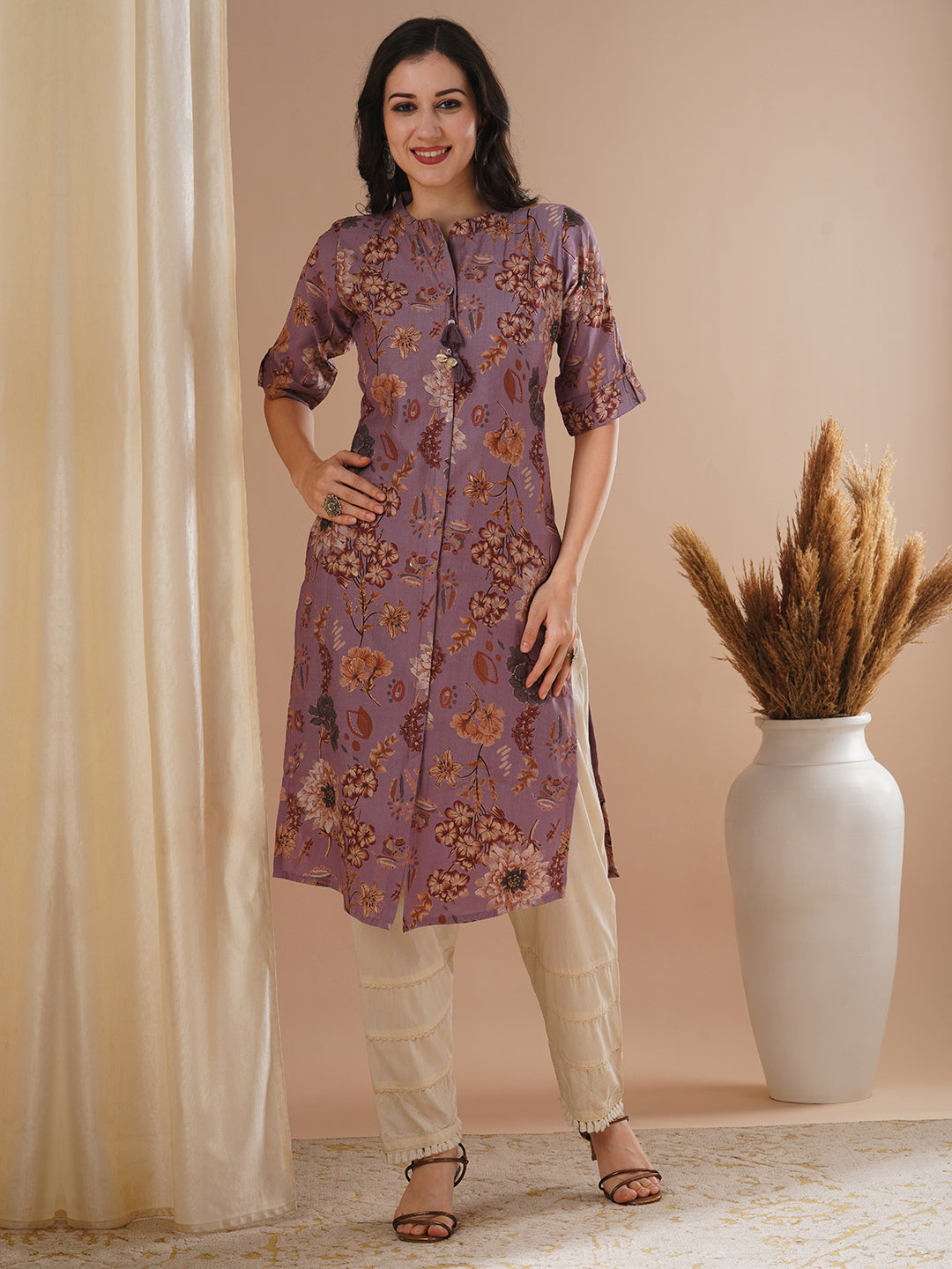 Ethnic Floral Foil Printed Straight Fit Kurta - Mauve
