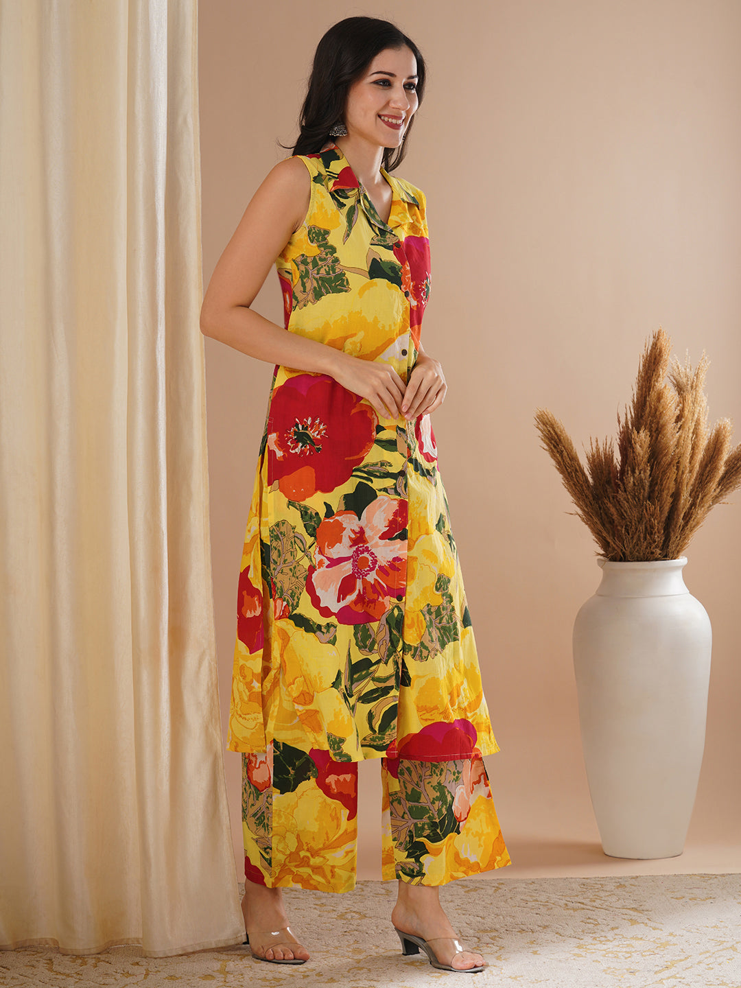 Abstract Floral Printed A-Line Co-ord Set - Yellow