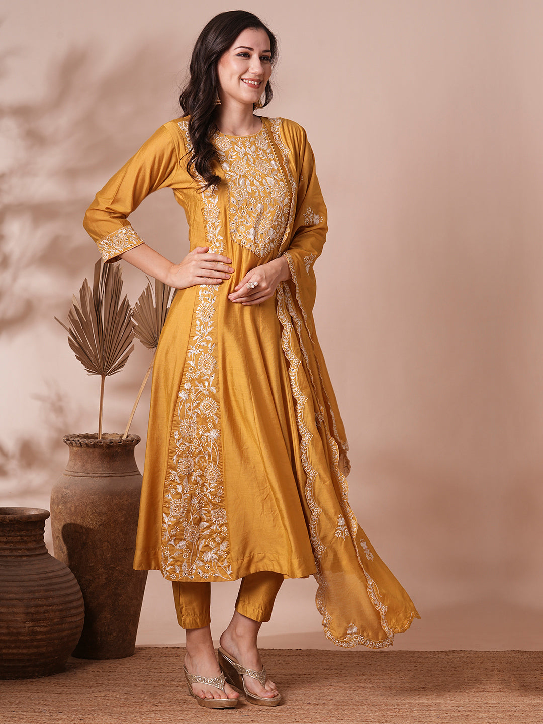 Solid Floral Embroidered A-Line Paneled Kurta with Pant & Dupatta - Mustard