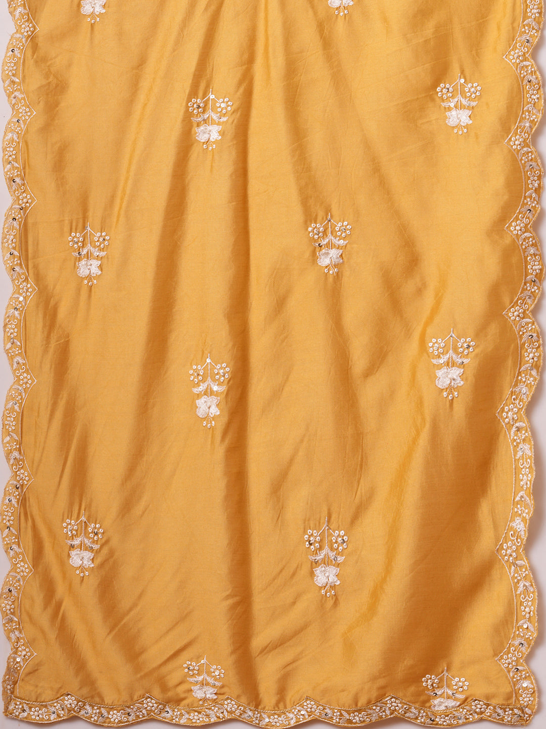 Solid Floral Embroidered A-Line Paneled Kurta with Pant & Dupatta - Mustard