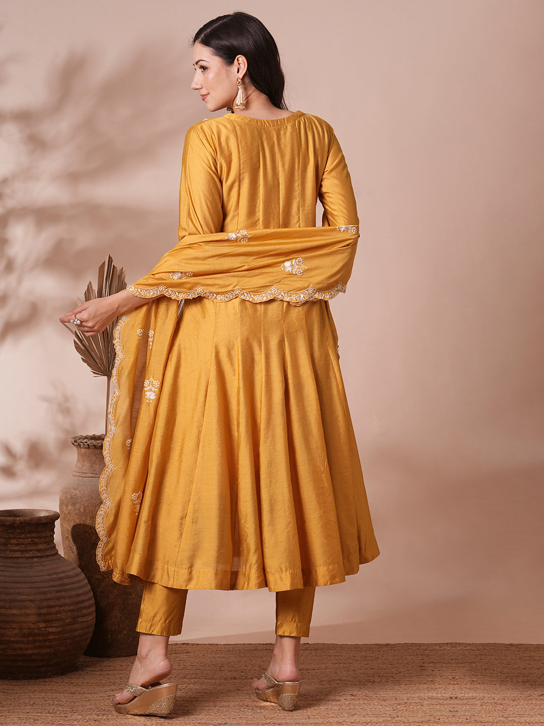 Solid Floral Embroidered A-Line Paneled Kurta with Pant & Dupatta - Mustard