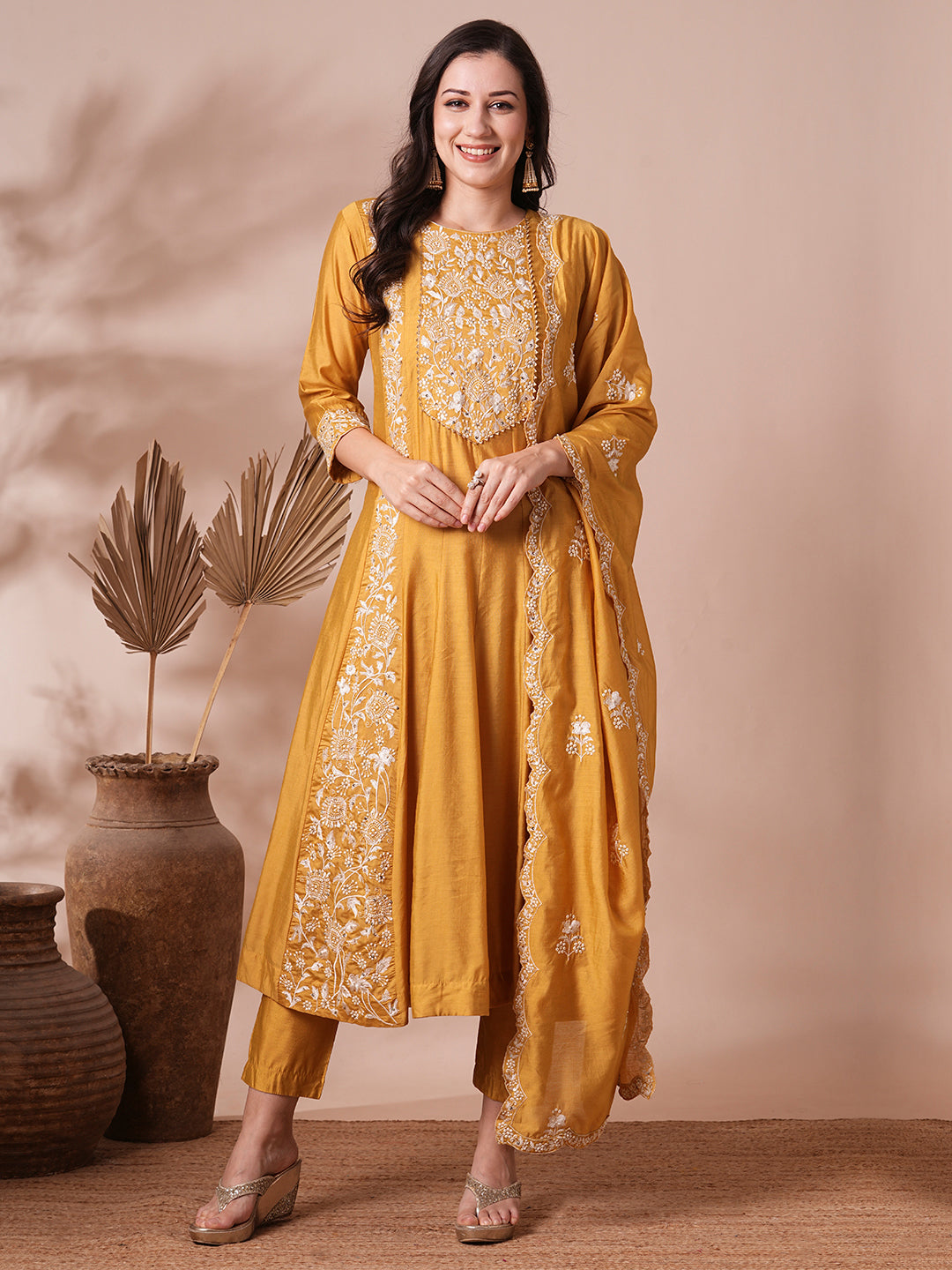 Solid Floral Embroidered A-Line Paneled Kurta with Pant & Dupatta - Mustard