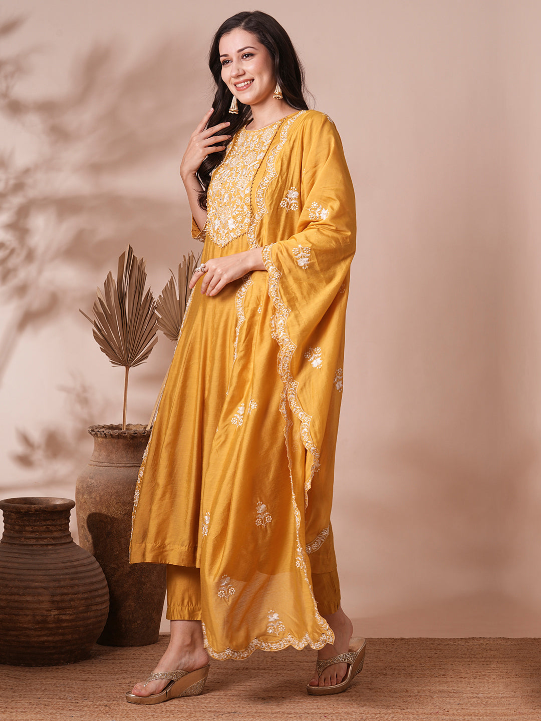 Solid Floral Embroidered A-Line Paneled Kurta with Pant & Dupatta - Mustard