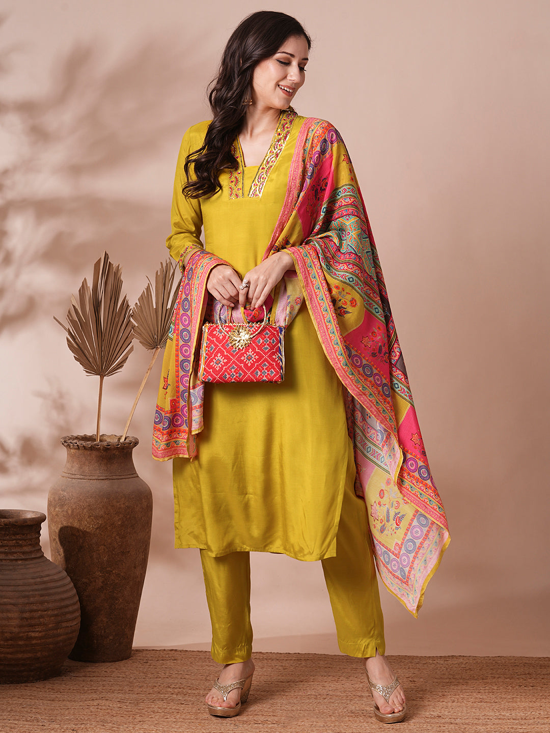 Solid Ethnic Hand Embroidered Straight Fit Kurta with Pant & Printed Dupatta - Yellow