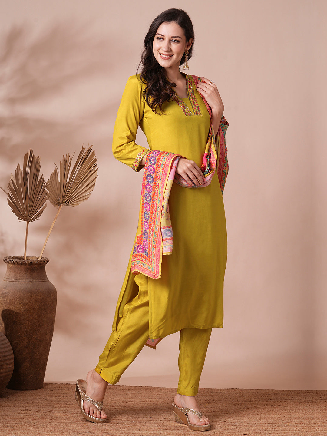 Solid Ethnic Hand Embroidered Straight Fit Kurta with Pant & Printed Dupatta - Yellow