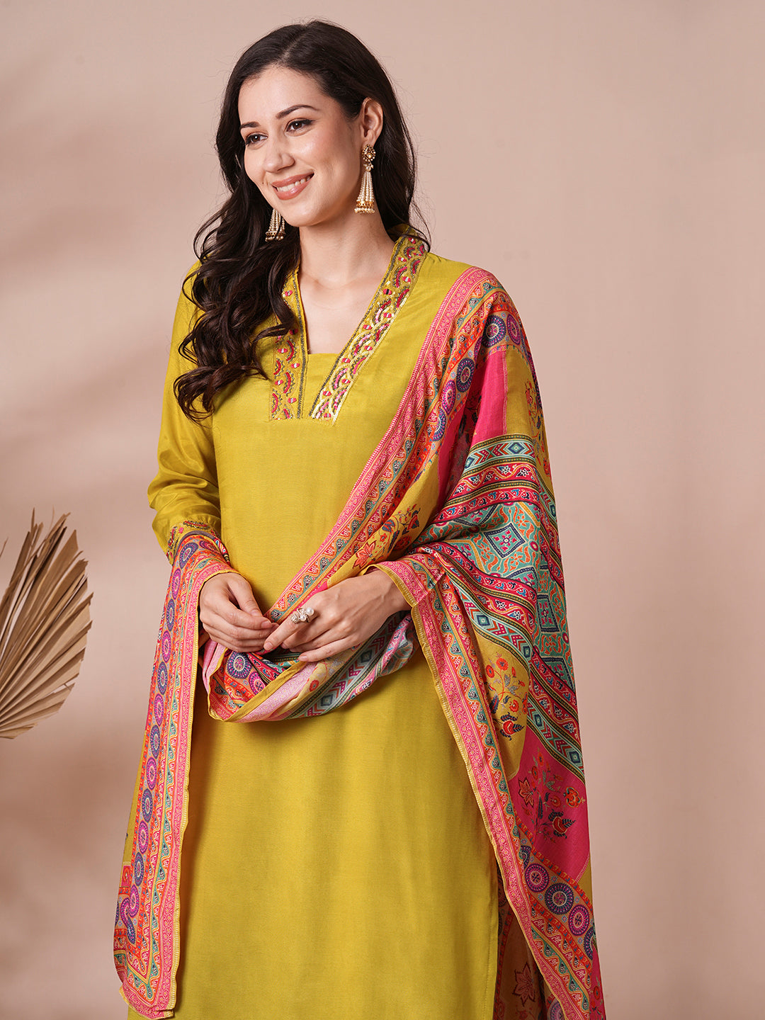 Solid Ethnic Hand Embroidered Straight Fit Kurta with Pant & Printed Dupatta - Yellow