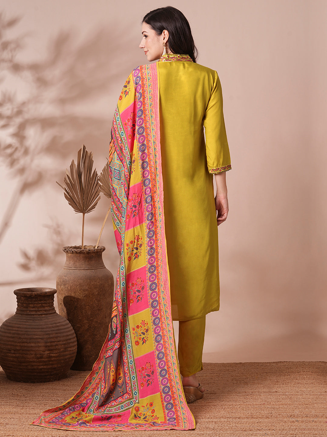 Solid Ethnic Hand Embroidered Straight Fit Kurta with Pant & Printed Dupatta - Yellow