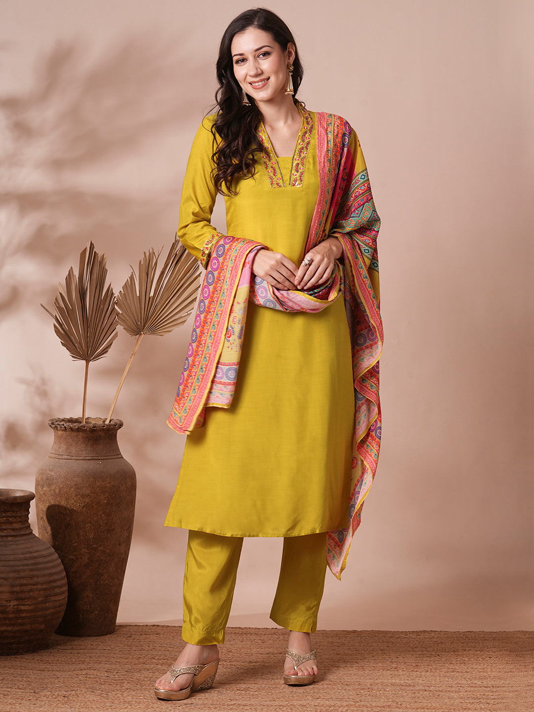Solid Ethnic Hand Embroidered Straight Fit Kurta with Pant & Printed Dupatta - Yellow