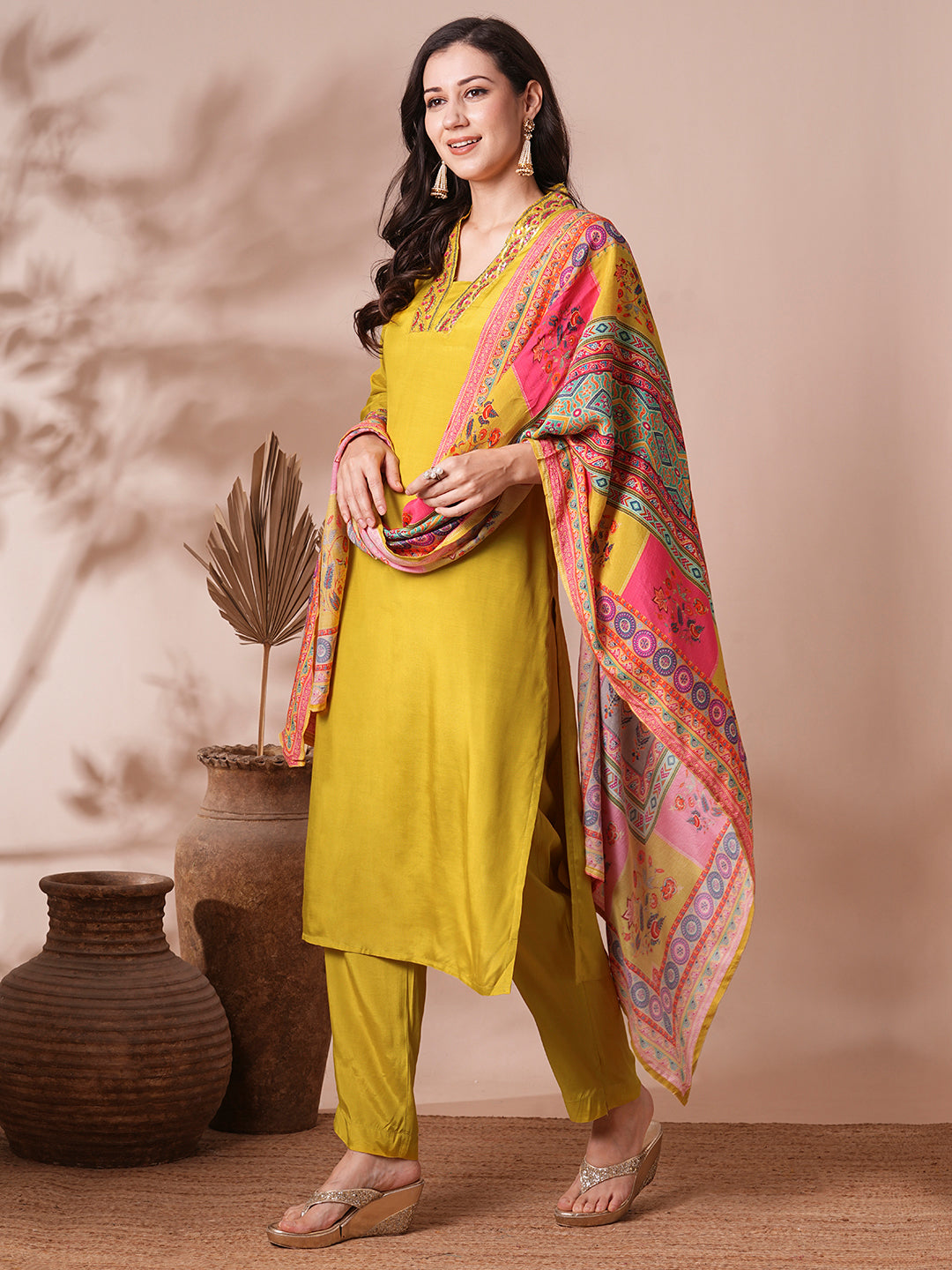 Solid Ethnic Hand Embroidered Straight Fit Kurta with Pant & Printed Dupatta - Yellow