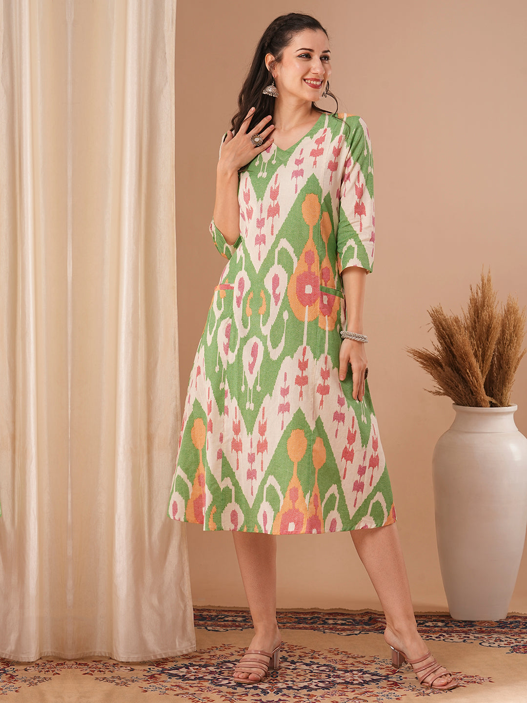 Abstract Ikat Printed A-Line Paneled Dress - Multi