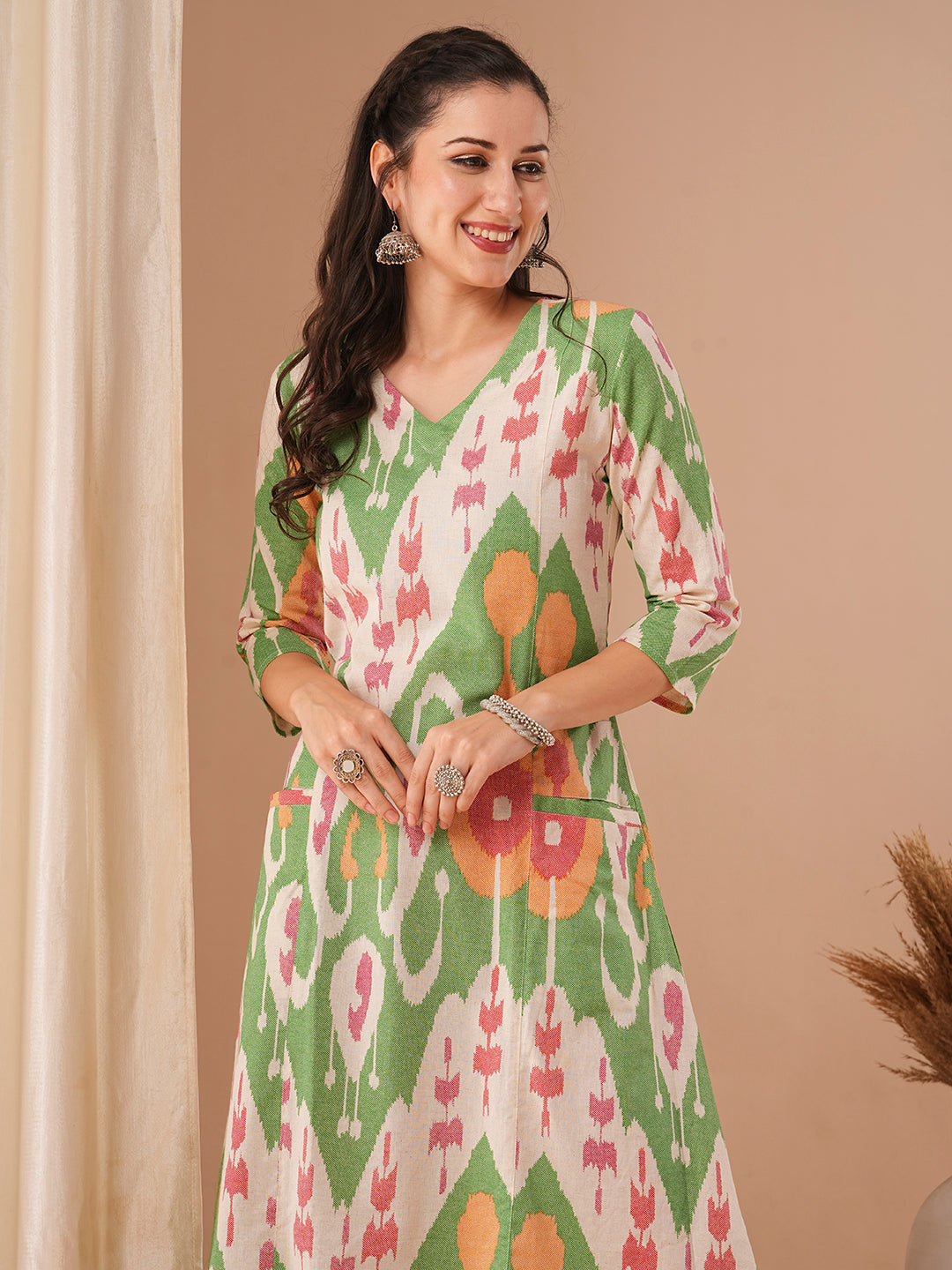 Abstract Ikat Printed A-Line Paneled Dress - Multi