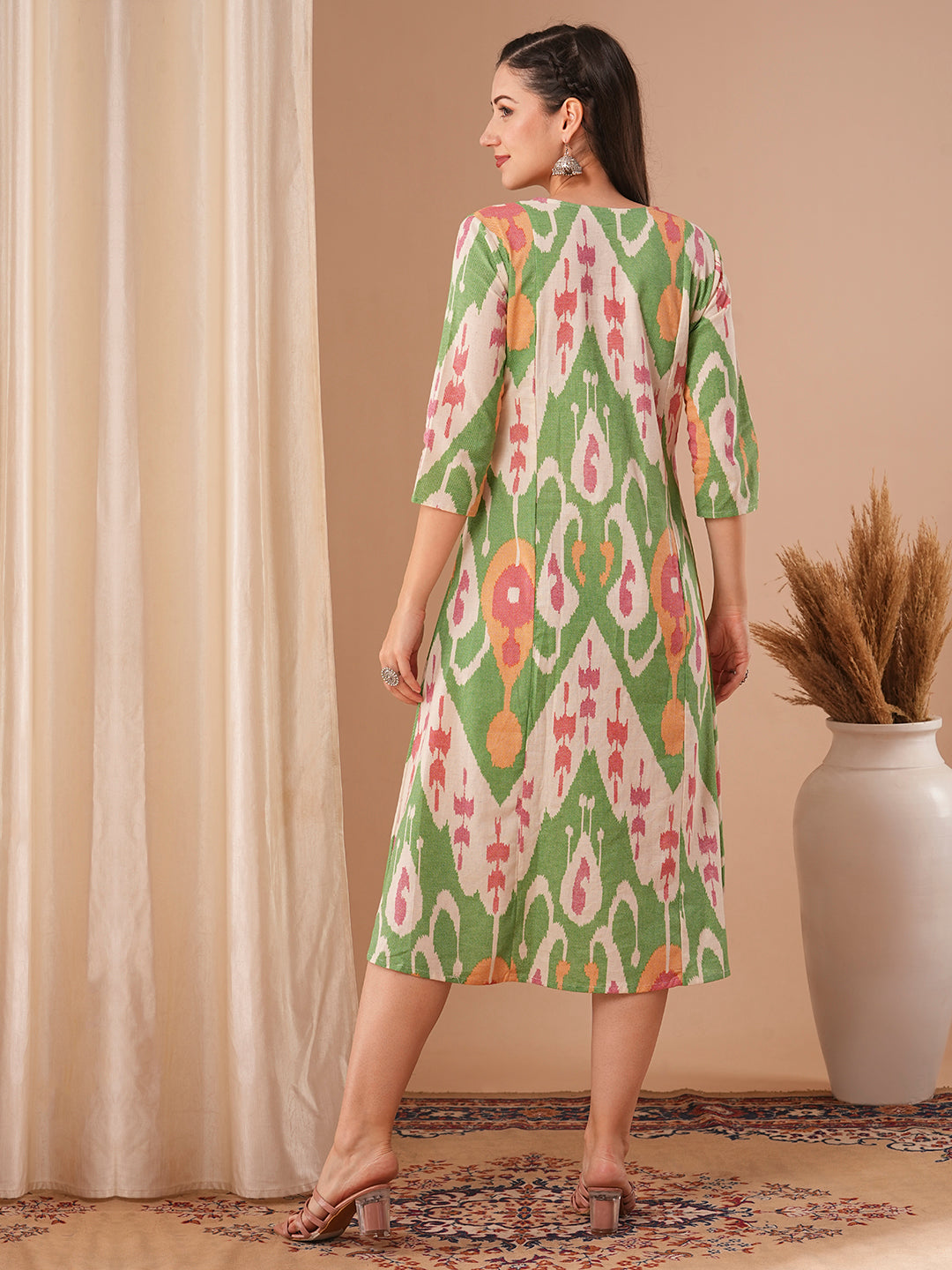 Abstract Ikat Printed A-Line Paneled Dress - Multi