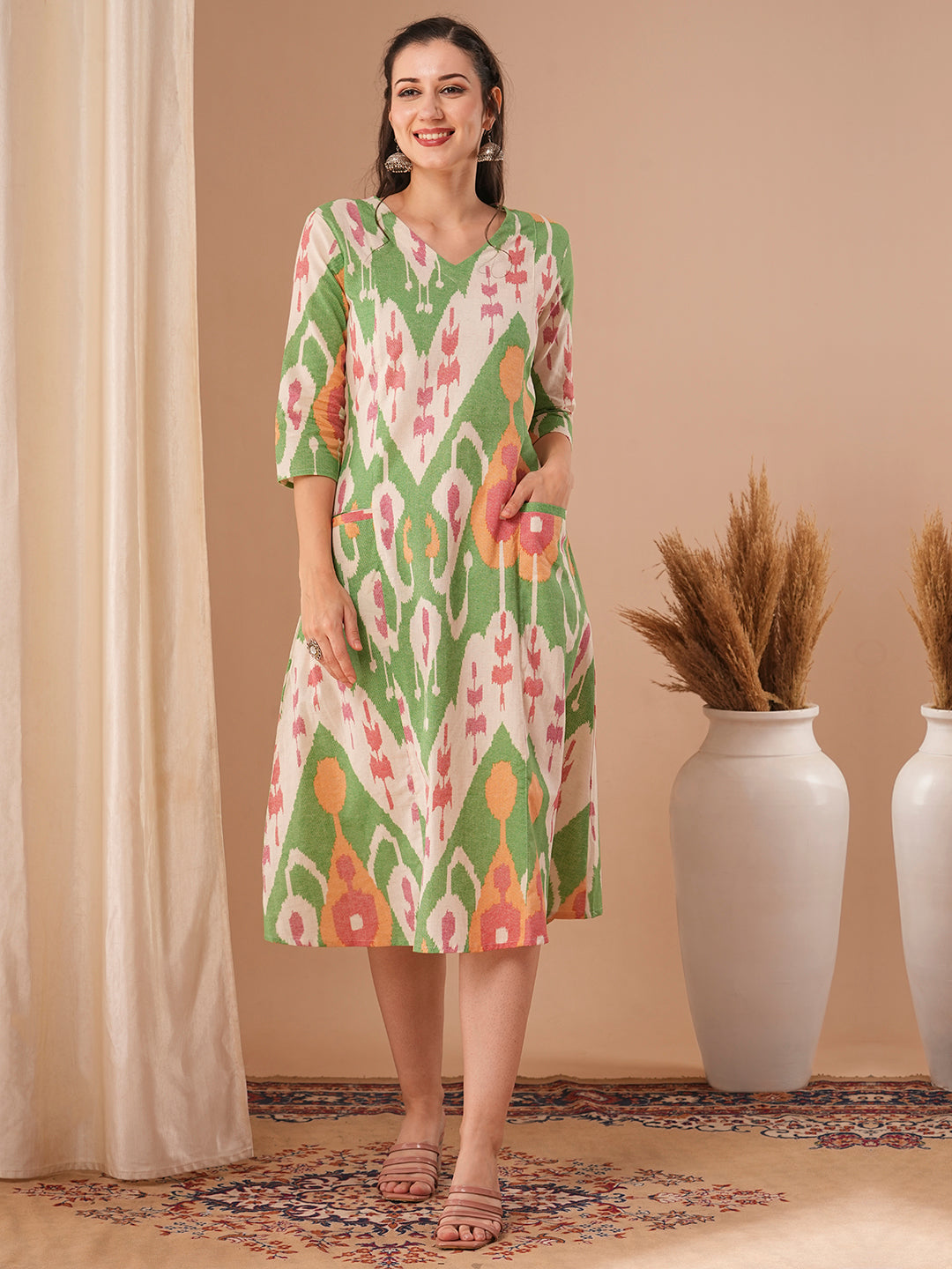 Abstract Ikat Printed A-Line Paneled Dress - Multi