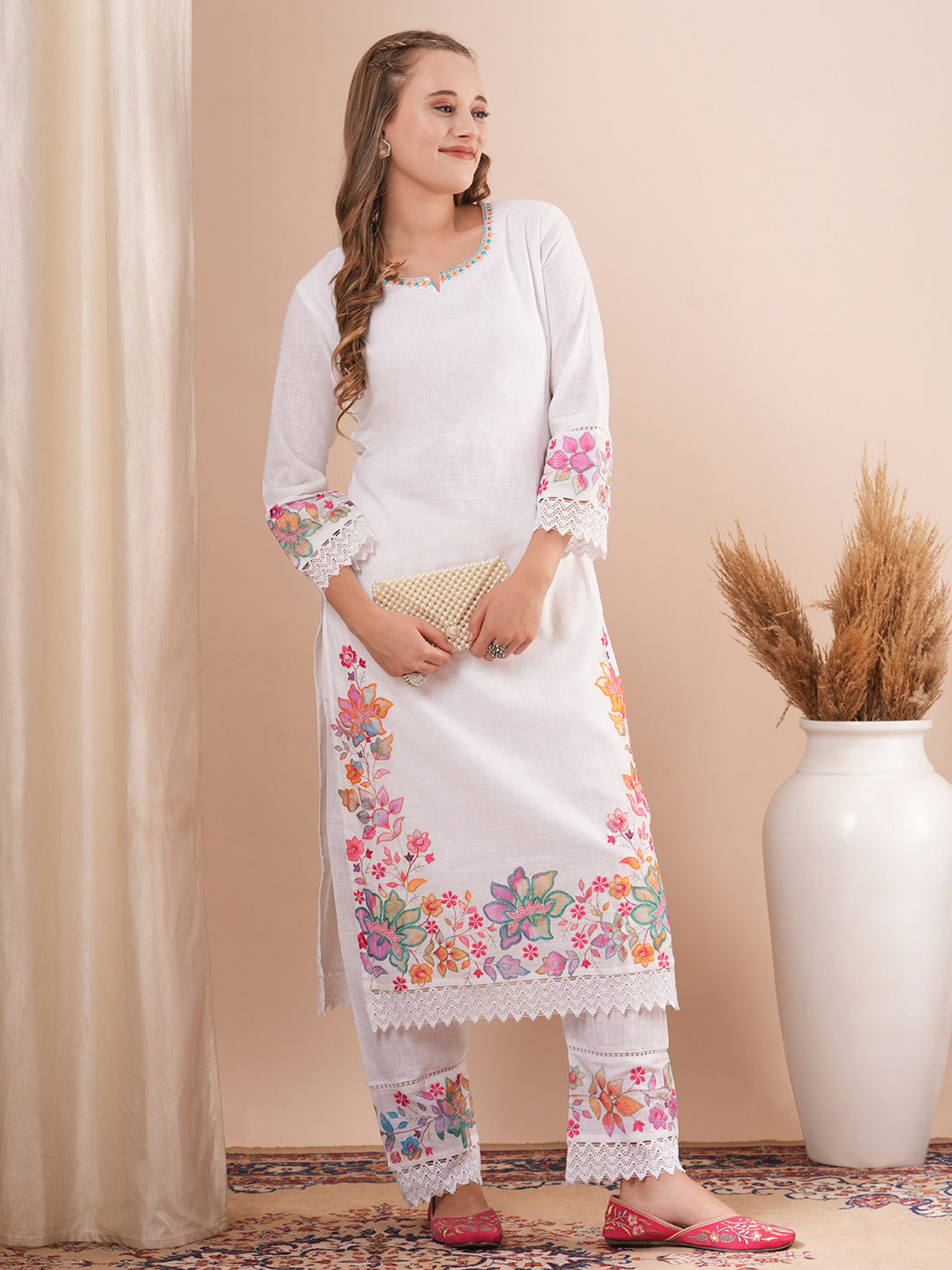 Solid Floral Embroidered Straight Fit Co-ord Set - White