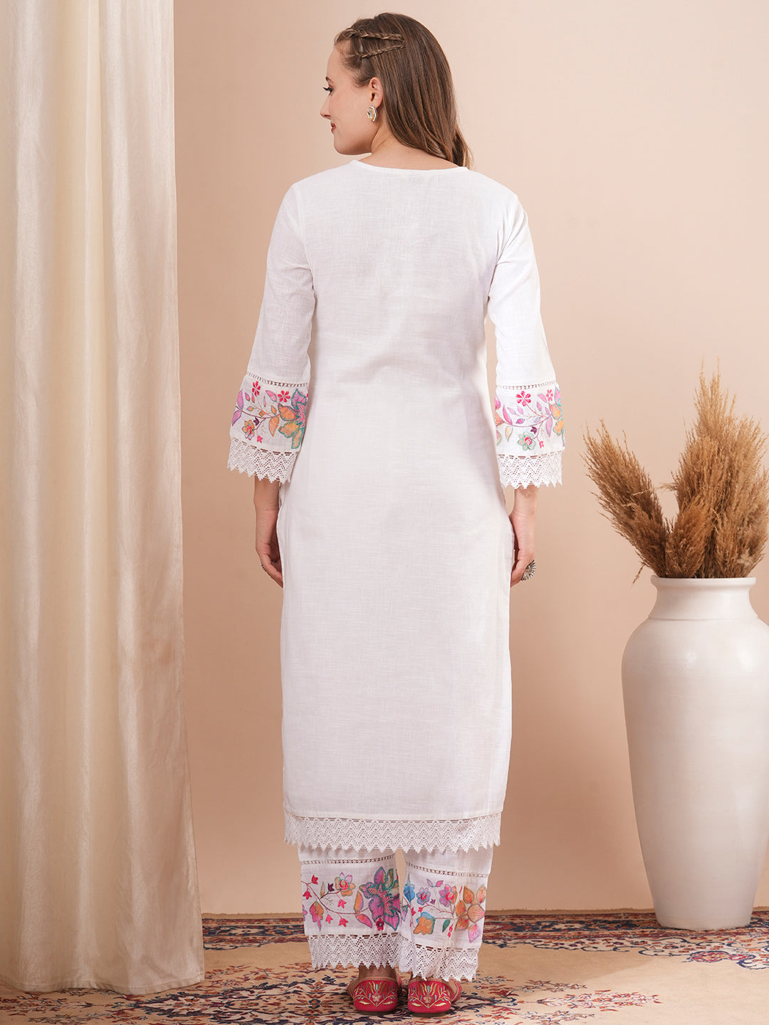 Solid Floral Embroidered Straight Fit Co-ord Set - White