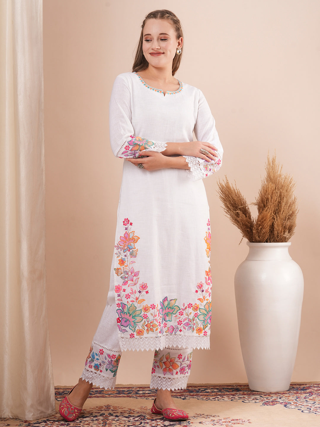 Solid Floral Embroidered Straight Fit Co-ord Set - White