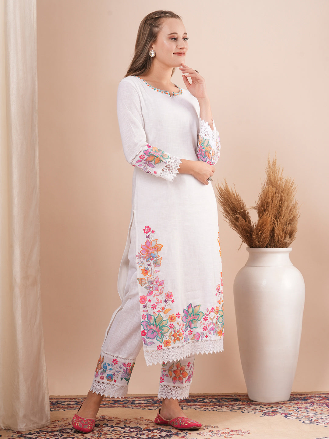 Solid Floral Embroidered Straight Fit Co-ord Set - White