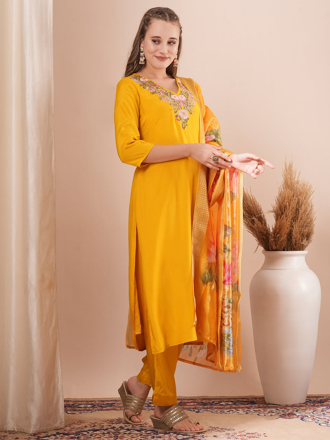 Solid Floral Hand Embroidered Straight Kurta with Pant & Printed Dupatta - Yellow