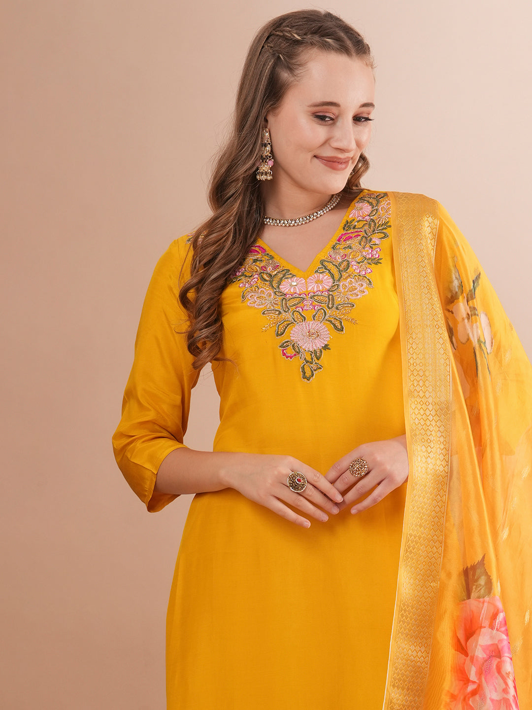 Solid Floral Hand Embroidered Straight Kurta with Pant & Printed Dupatta - Yellow