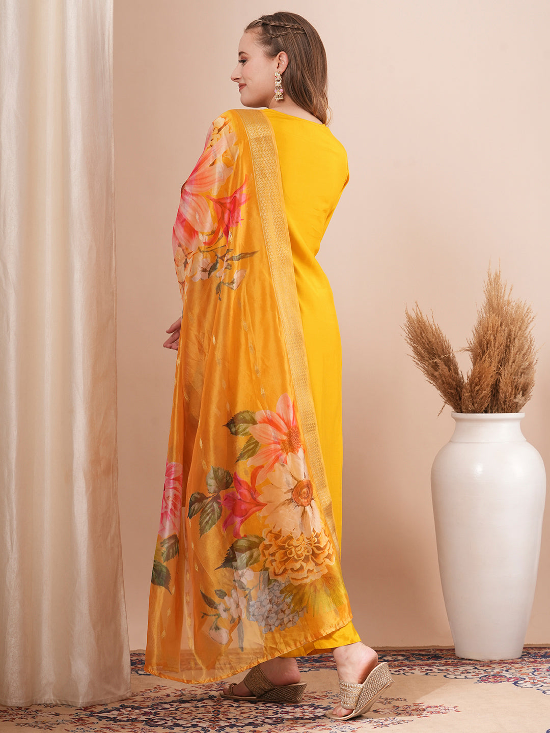 Solid Floral Hand Embroidered Straight Kurta with Pant & Printed Dupatta - Yellow