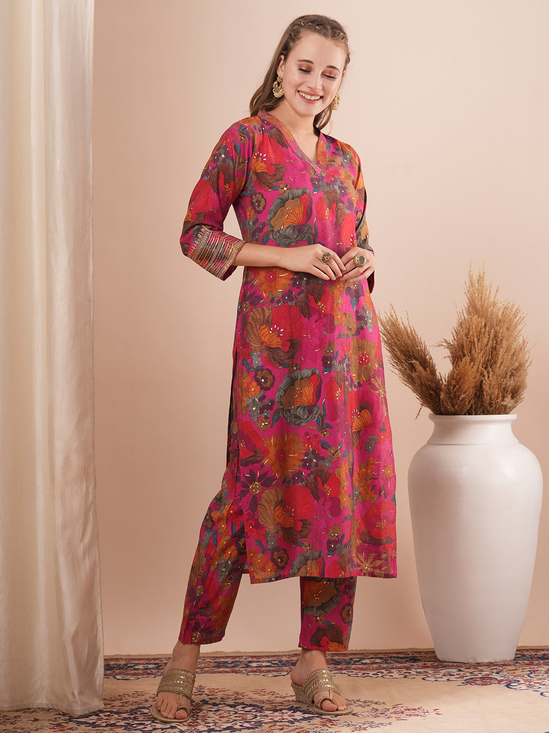 Floral Foil Printed Embroidered Straight Fit Kurta with Pant - Multi