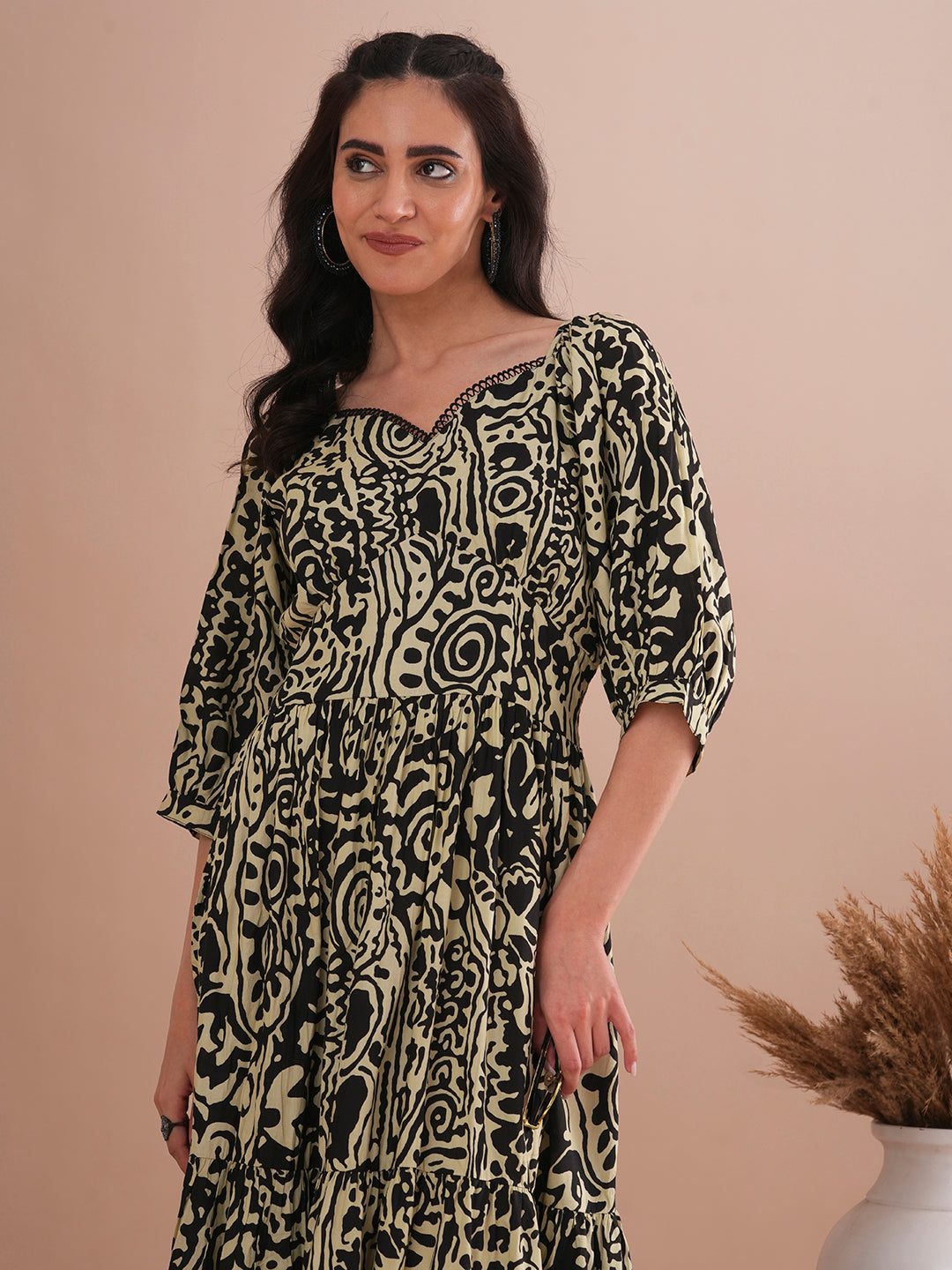 Abstract Printed A-Line Pleated Midi Dress - Multi