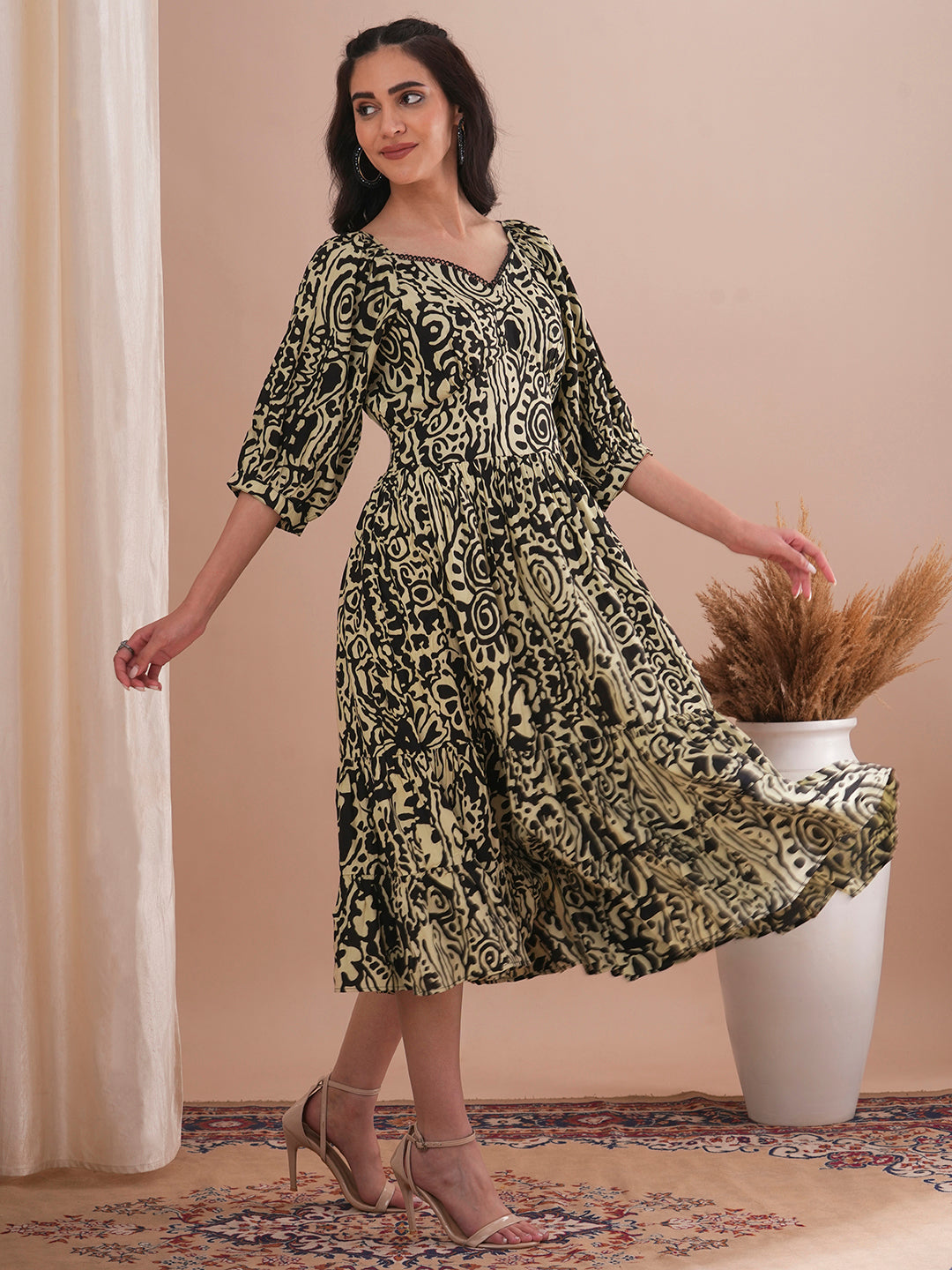 Abstract Printed A-Line Pleated Midi Dress - Multi