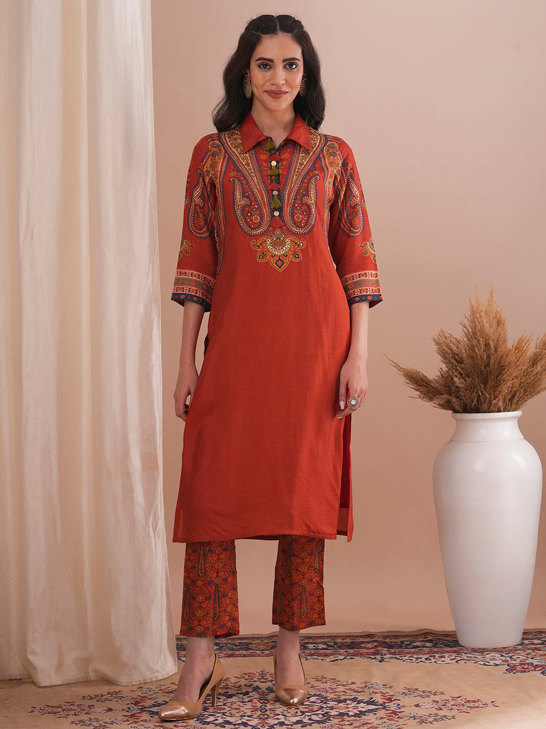 Ethnic Floral Printed Straight Fit Kurta with Pant - Rust