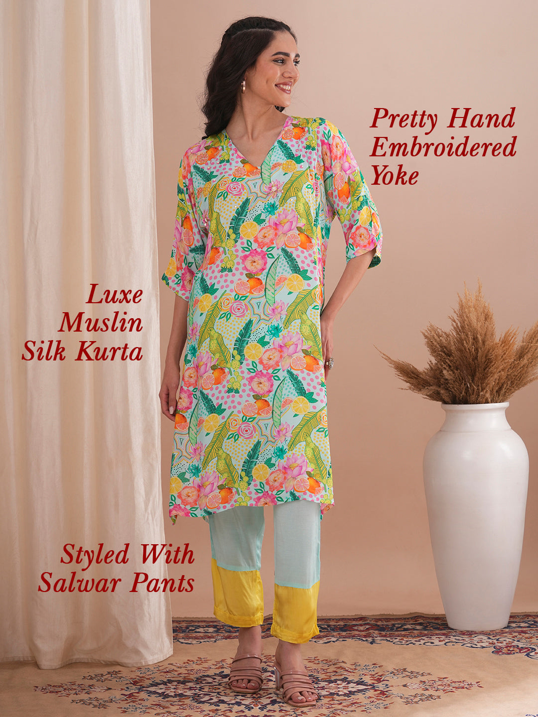 Abstract Floral Printed & Hand Embroidered A-Line Kurta with Pant - Multi
