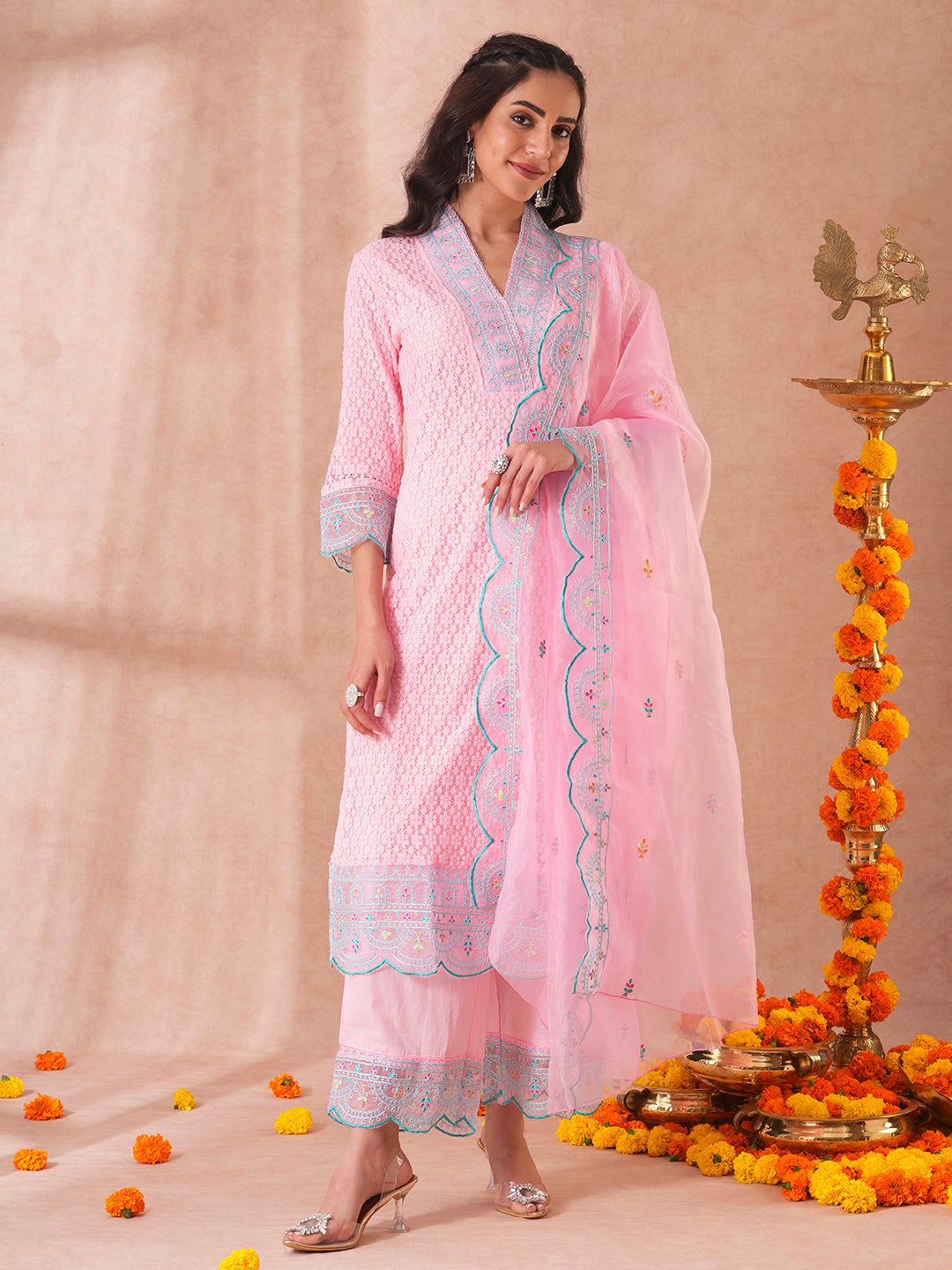 Solid Ethnic Embroidered Crochet Straight Fit Kurta with Palazzo Dupatta Pink