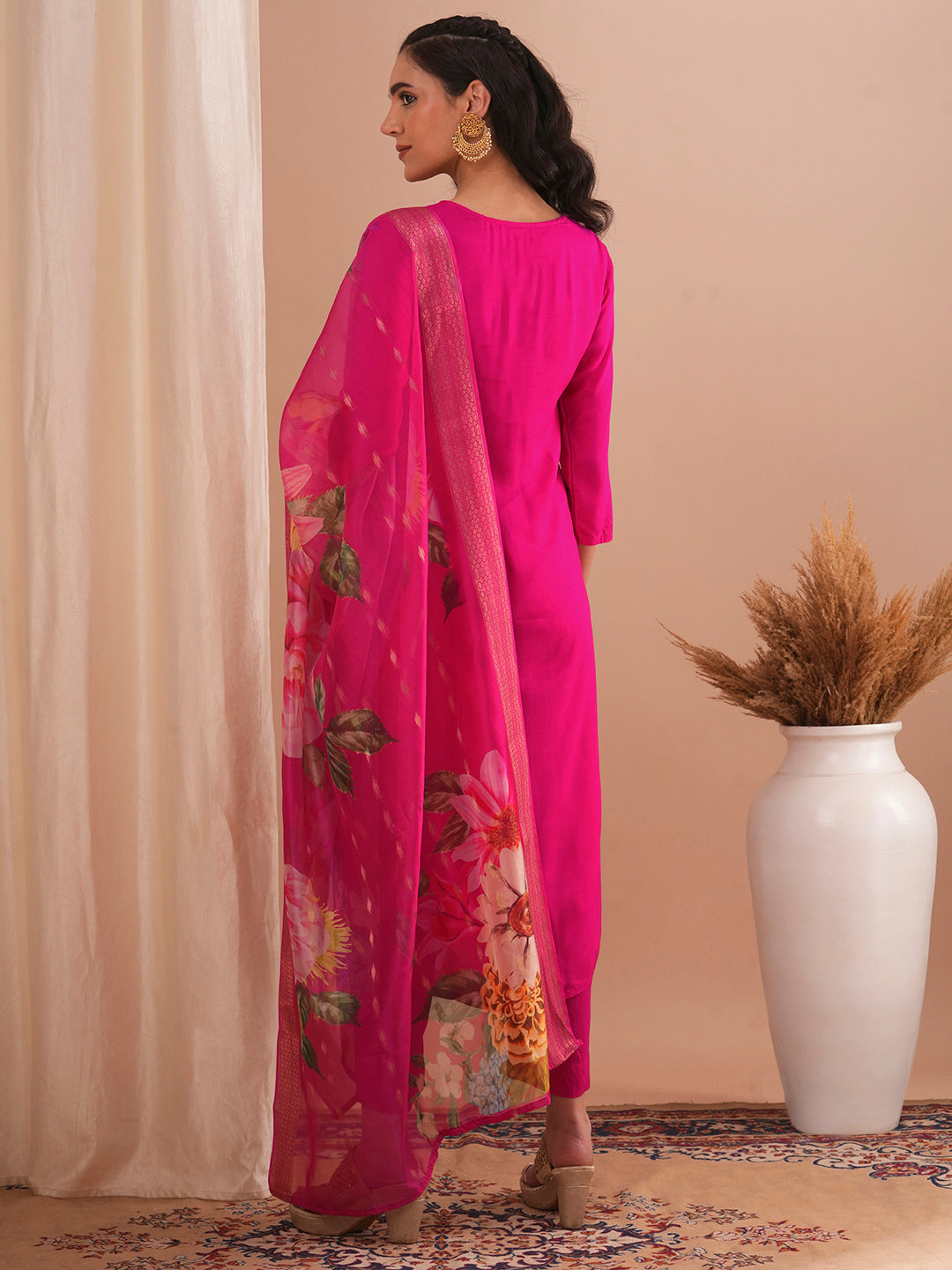 Solid Floral Embroidered Straight Kurta with Pant & Printed Dupatta - Pink