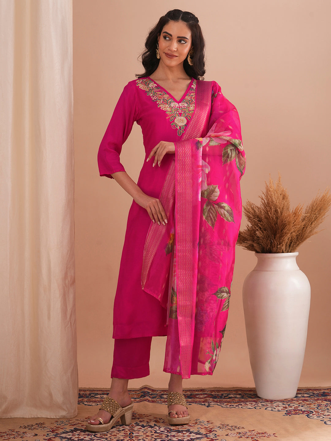 Solid Floral Embroidered Straight Kurta with Pant & Printed Dupatta - Pink