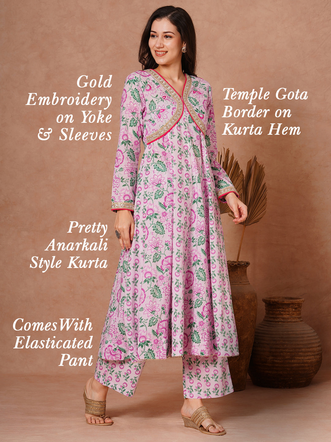 Ethnic Floral Printed & Embroidered Anarkali Kurta with Pant - Purple
