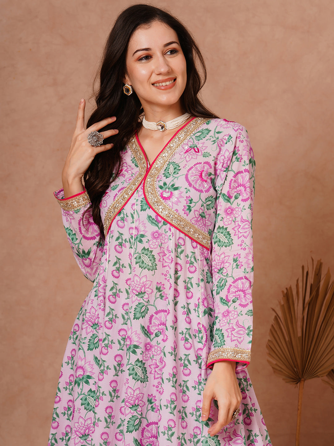 Ethnic Floral Printed & Embroidered Anarkali Kurta with Pant - Purple