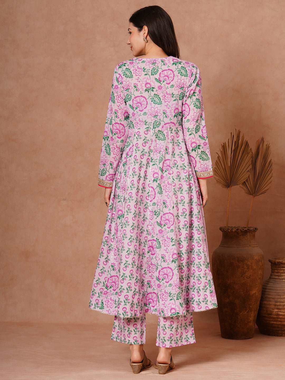 Ethnic Floral Printed & Embroidered Anarkali Kurta with Pant - Purple