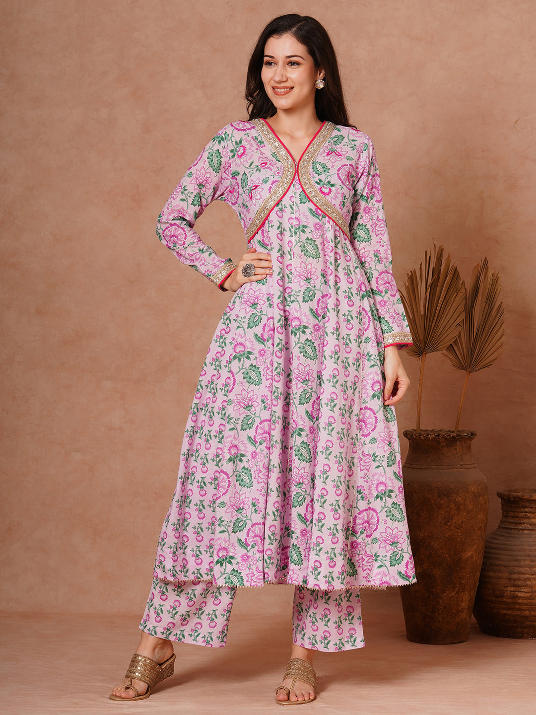 Ethnic Floral Printed & Embroidered Anarkali Kurta with Pant - Purple