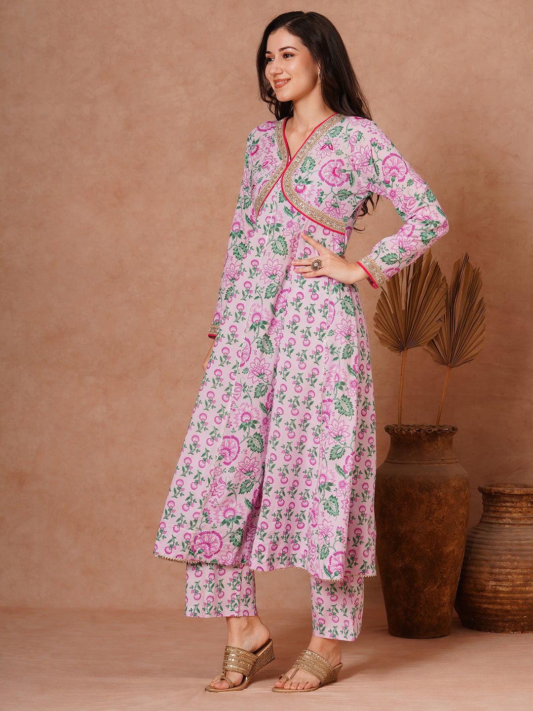 Ethnic Floral Printed & Embroidered Anarkali Kurta with Pant - Purple