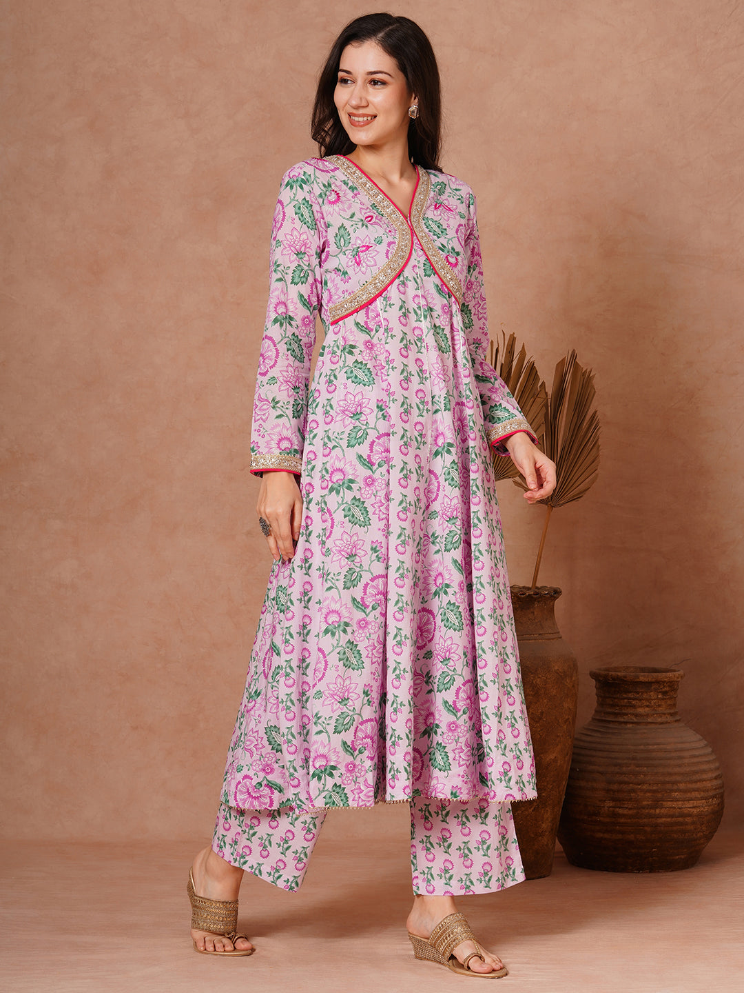 Ethnic Floral Printed & Embroidered Anarkali Kurta with Pant - Purple