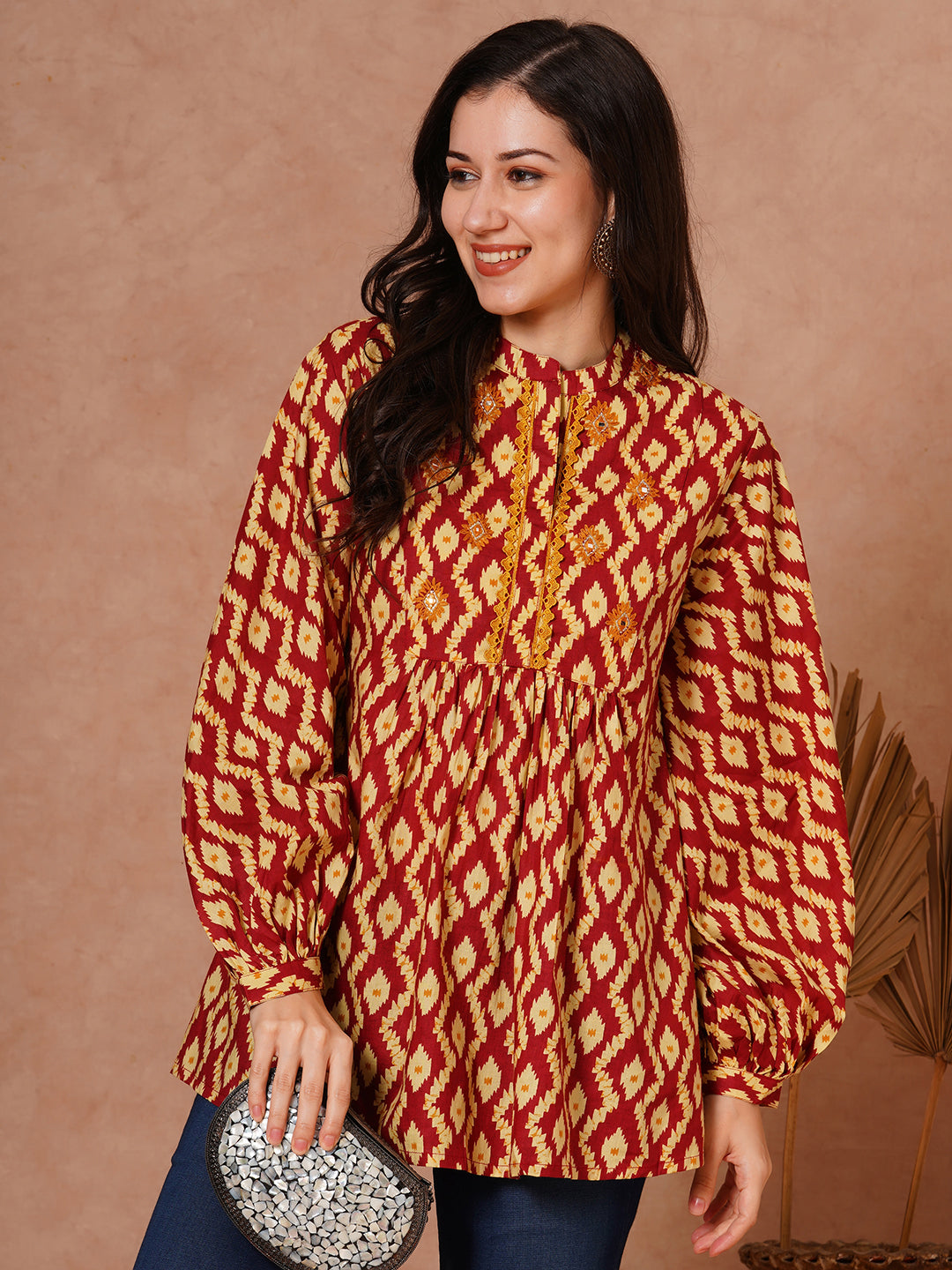 Ethnic Printed & Embroidered A-Line Pleated Short Kurti - Maroon