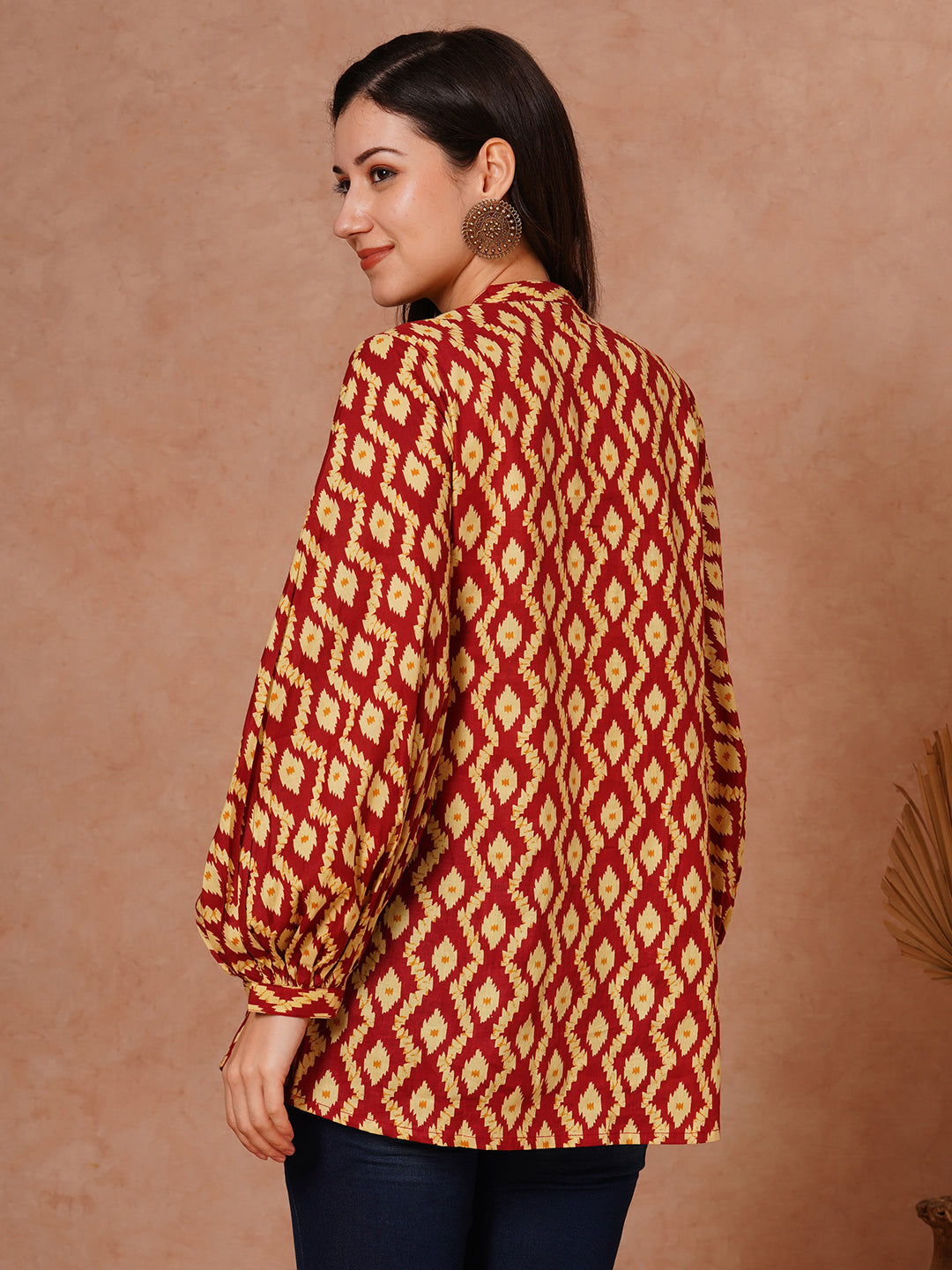 Ethnic Printed & Embroidered A-Line Pleated Short Kurti - Maroon