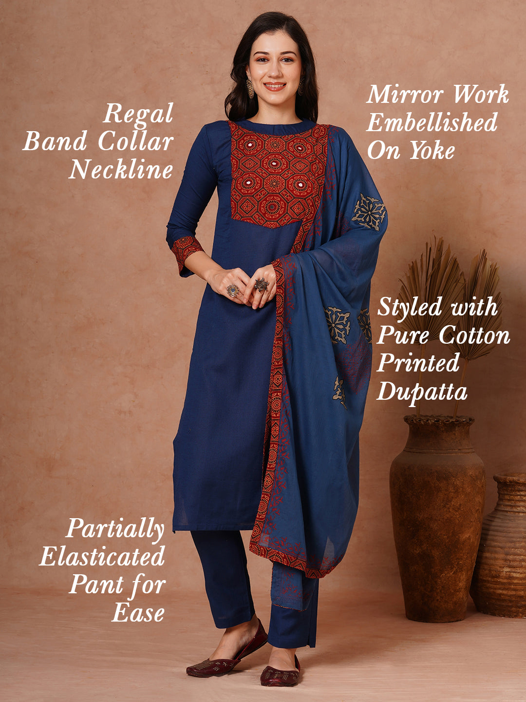 Solid Ethnic Printed Straight Fit Cotton Flax Kurta with Pant and Printed Dupatta - Navy Blue