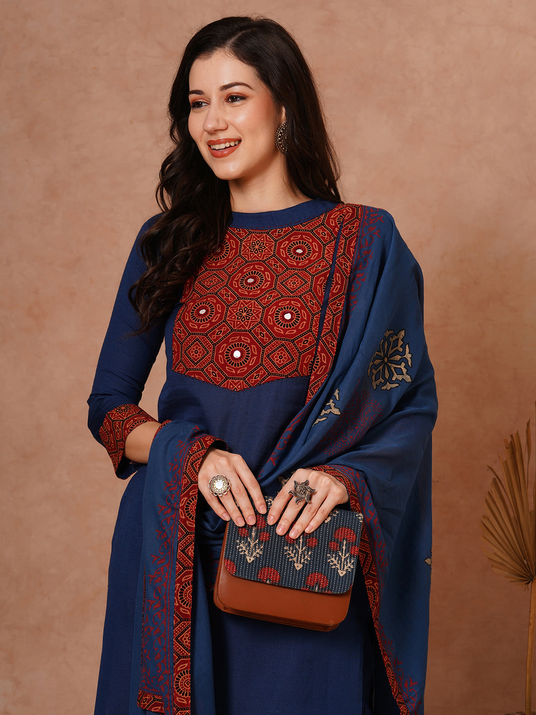 Solid Ethnic Printed Straight Fit Cotton Flax Kurta with Pant and Printed Dupatta - Navy Blue