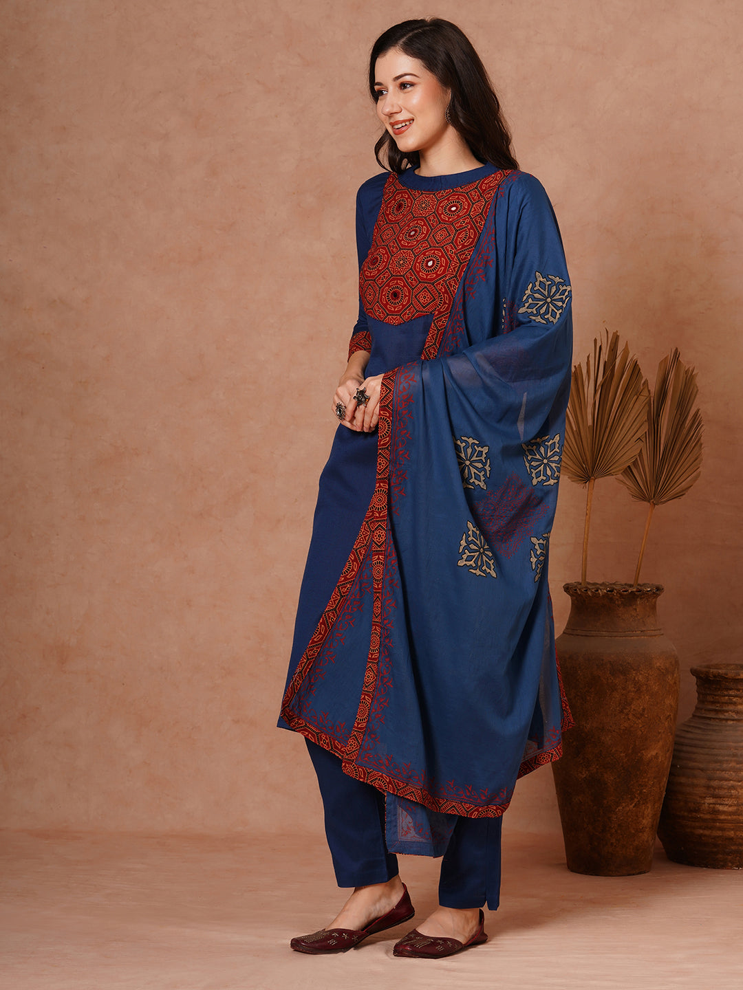 Solid Ethnic Printed Straight Fit Cotton Flax Kurta with Pant and Printed Dupatta - Navy Blue