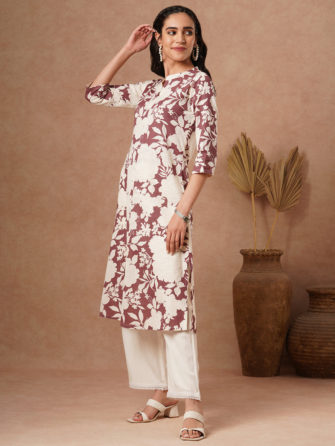 Abstract Floral Printed A-Line Cotton Flax Kurta - Brown